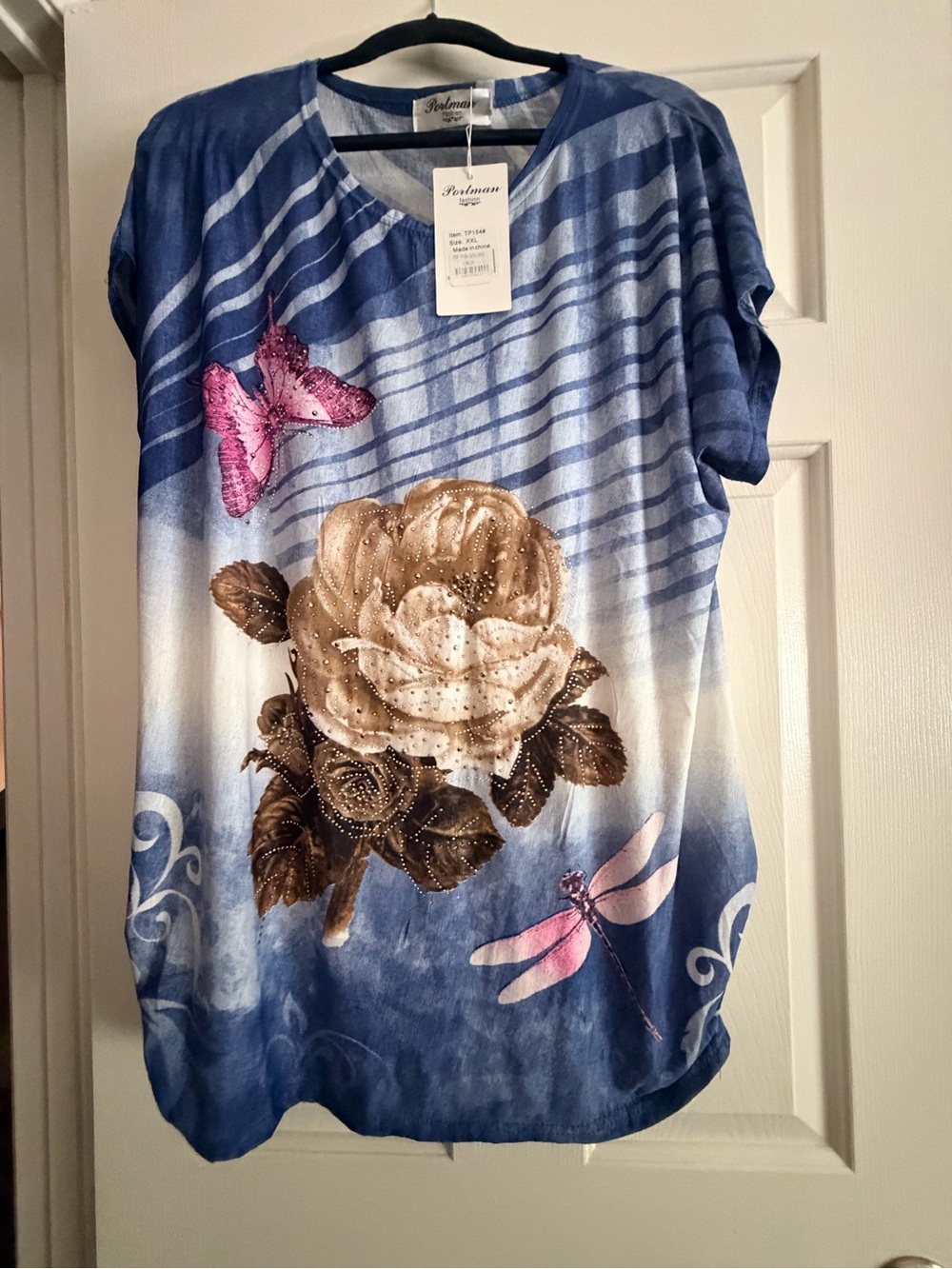 Portmans Blue Ombre Tunic with Cream Rose & Pink Accents